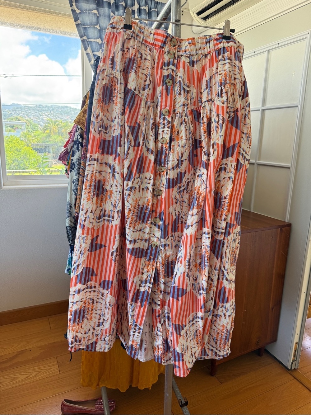 Anthropologie Coral & Navy Floral-Stripe Maxi Skirt